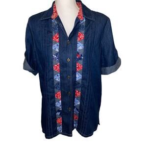 Vintage 80s Denim Patchwork Red White Blue Patriotic 4th of July Blouse, Medium